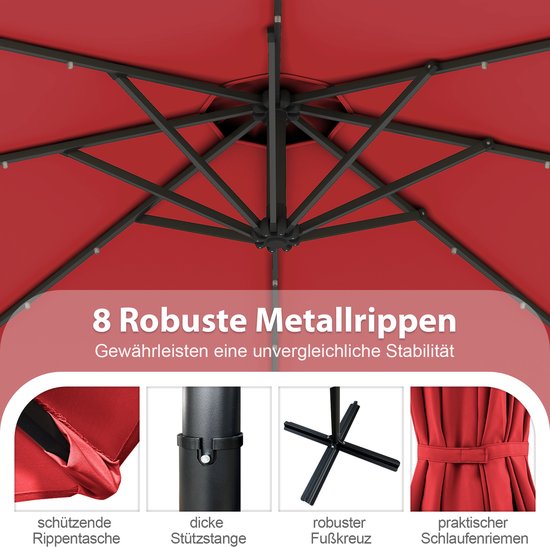 COSTWAY Parasol de Plage 305 cm Inclinable en Paille PE-32 LED et Lumière Centrale, 8 Baleines Manivelle Manuelle Style Hawaïen - Jardin