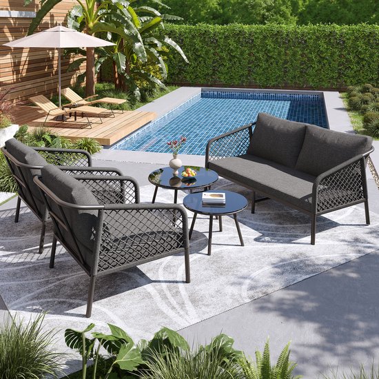 Moderne Tuinset met grijze touw loungeset, glazen tafelblad, inclusief kussens
