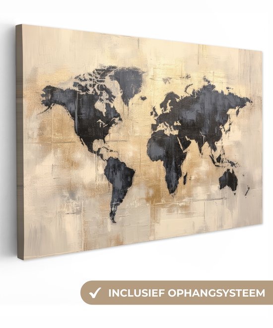Canvas schilderij 120x80 cm - Exclusieve wanddecoratie Wereldkaart - Goud - Zwart - Abstract - Muurdecoratie woonkamer - Slaapkamer decoratie - Kamer accessoires - Schilderijen op canvas