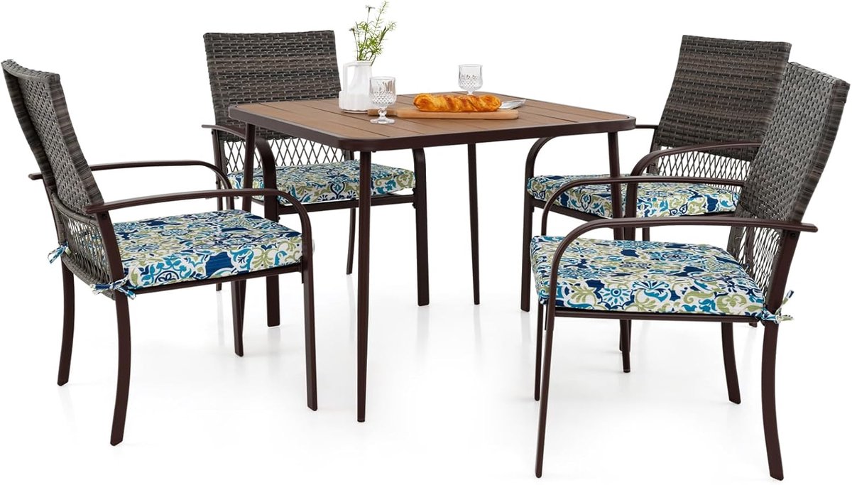 COSTWAY Polyrotan tuinmeubelset voor 4 personen, tafel, 4 rotanstoelen en kussens, tafelblad van WPC met paraplugat, terrasmeubelset, tuingarnituur, zitgroep, zitmeubel, eetgroep
