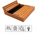 Houten zandbak met openklapbare zitbanken en pictogrammen voor montage.