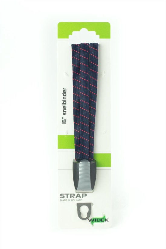Donkerblauwe snelbinder met rode stippen, 16 inch, verpakt in karton met groene en witte accenten. "STRAP MADE IN HOLLAND WIDEK".