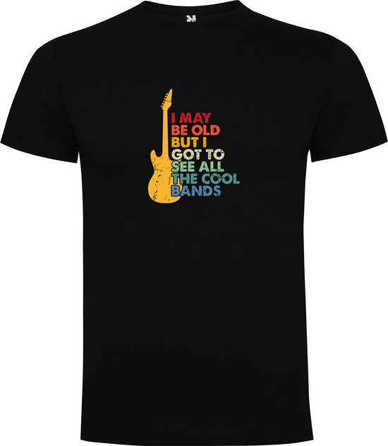 T-shirt noir avec imprimé vintage d'une guitare et texte : "I MAY BE OLD BUT I GOT TO SEE ALL THE COOL BANDS".