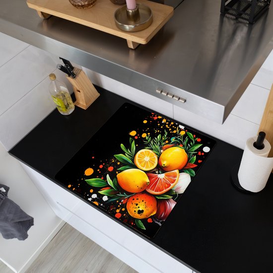 KitchenYeah® Protection plaque induction 60x55 cm - Noir - Citrons - Herbes - Graffiti - Peinture - Protege plaque de cuisson - Couvre plaque induction - Protecteur d'induction - Cuisine