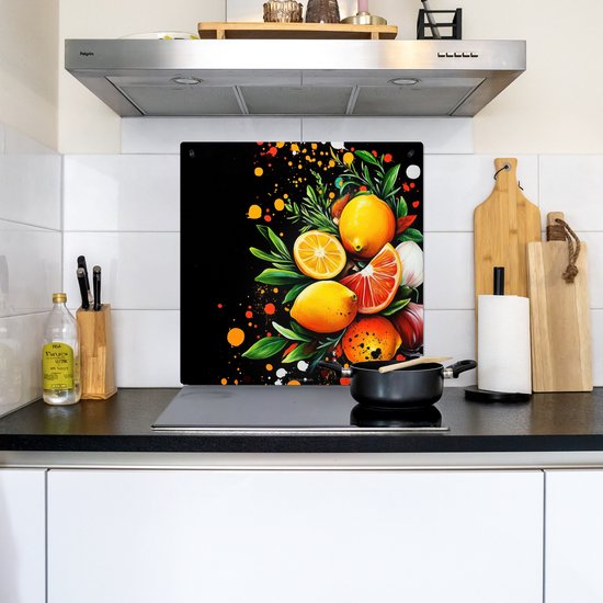 KitchenYeah® Protection plaque induction 60x55 cm - Noir - Citrons - Herbes - Graffiti - Peinture - Protege plaque de cuisson - Couvre plaque induction - Protecteur d'induction - Cuisine