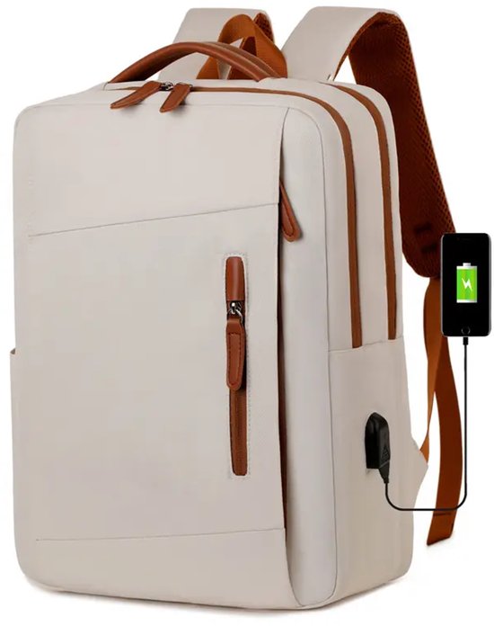 Sac à dos pour ordinateur portable 15,6 pouces, étanche, port de chargement USB, confortable et ergonomique, idéal pour le travail, École, le Sport et les Voyages – Unisexe, beige