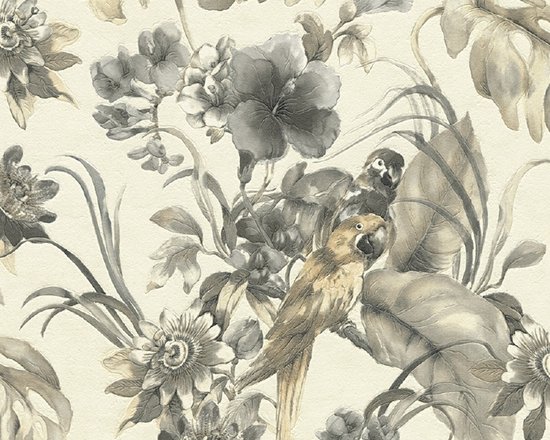 Papier peint avec des perroquets détaillés et un imprimé floral dans des tons sépia et gris.