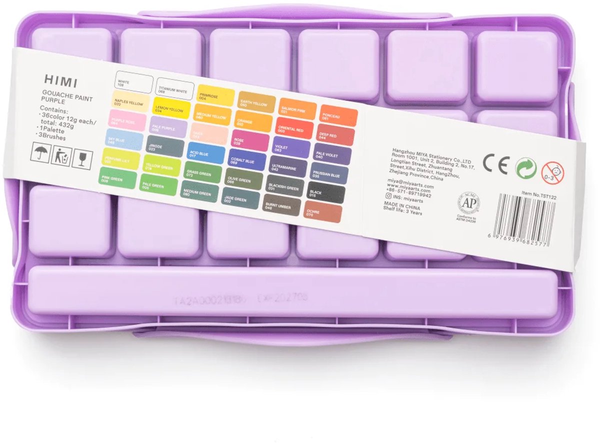 HIMI - Gouache - Twin split cups - set van 36 kleuren - 12g - 3 penselen - Lila — afbeelding 11