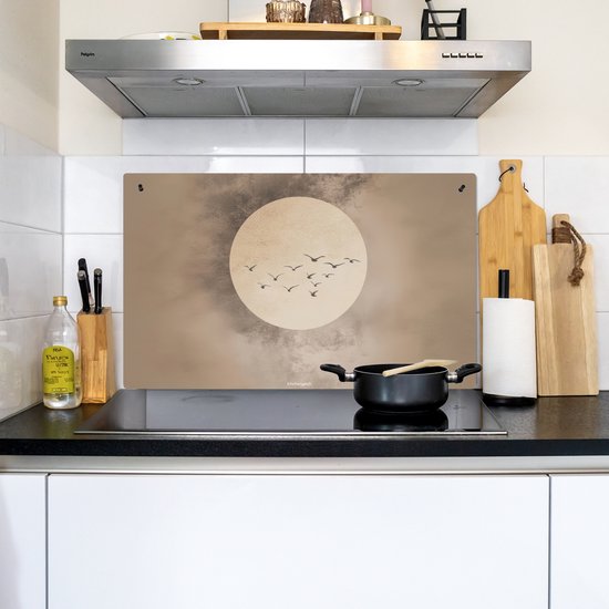 KitchenYeah® Protection plaque induction 95x50 cm - Oiseaux - Beige - Japandi - Protege plaque de cuisson - Couvre plaque induction - Protecteur d'induction - Cuisine