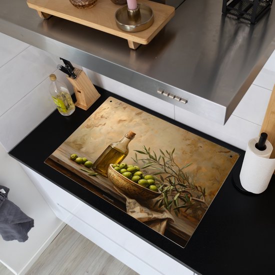 KitchenYeah® Protection plaque induction 78x52 cm - Olives - Nature morte - Vintage - Protege plaque de cuisson - Couvre plaque induction - Protecteur d'induction - Cuisine
