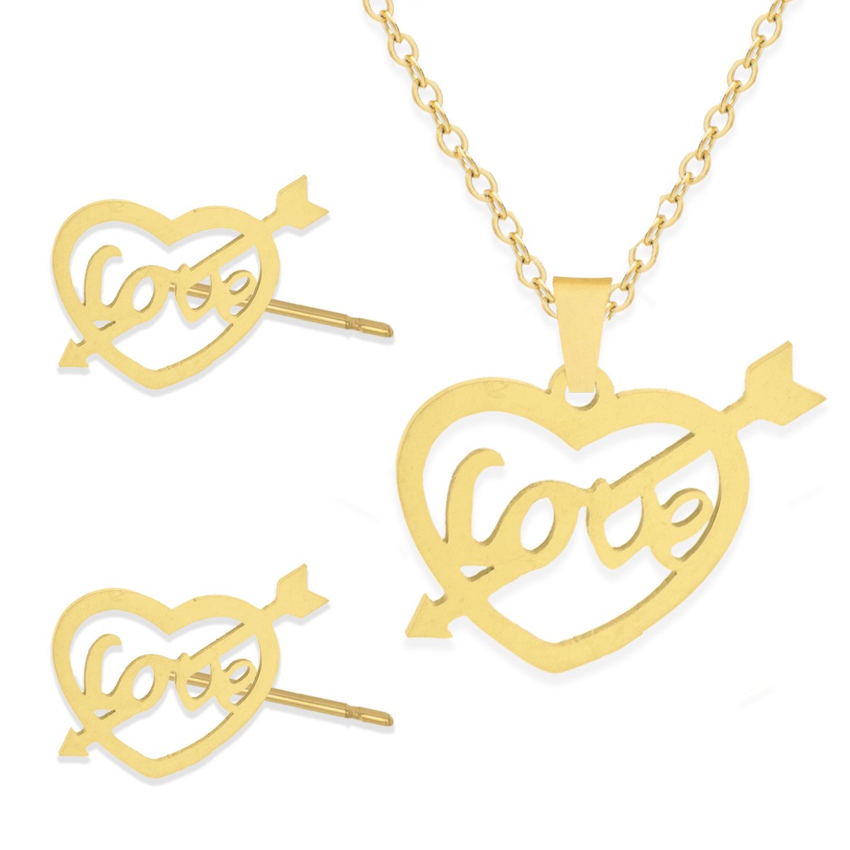 Cadeau Ketting & Oorbellen set met Hartje "Love" - Roestvrij Staal - Goudkleurig - Cadeau Sieraad op Kaartje - Pax Amare