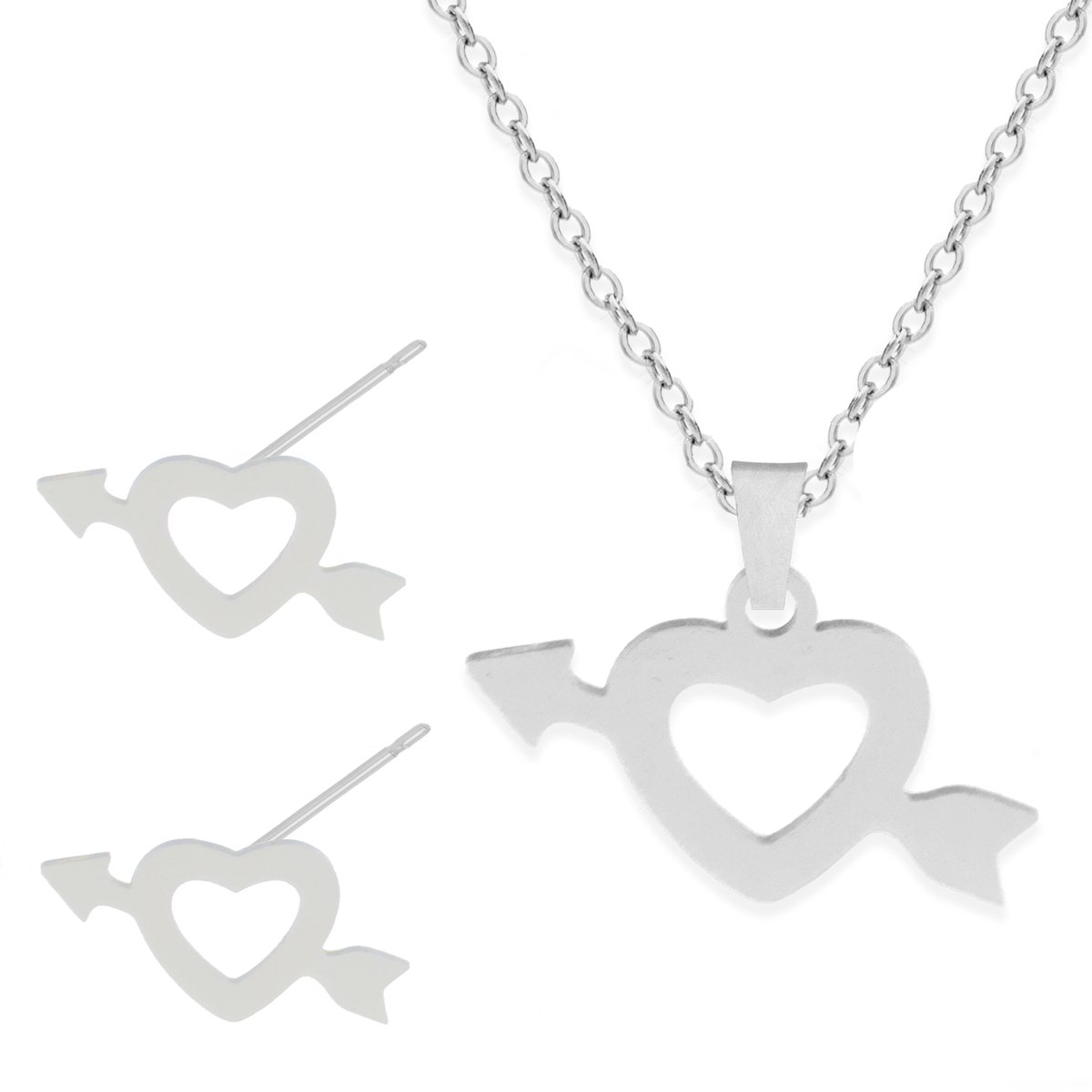 Cadeau Ketting & Oorbellen set met Hartje & Pijl - Roestvrij Staal - Zilverkleurig - Cadeau Sieraad op Kaartje - Pax Amare