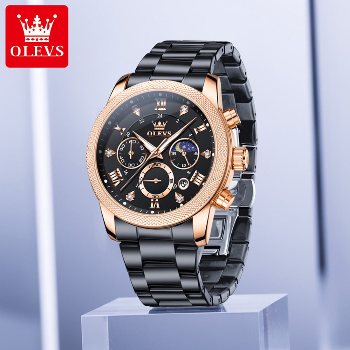 HO-3660.rs-zw : OLEVS zwart edelstaal chronografisch quartz horloge, rosékl kast, rosékl wijzerplaatbeslag, zwarte wijzerplaat, uren minuten maanfase -aanduiding, diamant, zirkonia