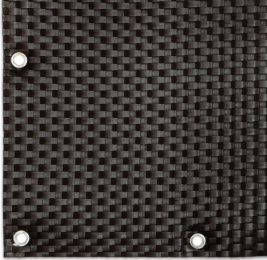Détail d'un écran de confidentialité en polyrotin brun foncé avec motif tressé et œillets métalliques.