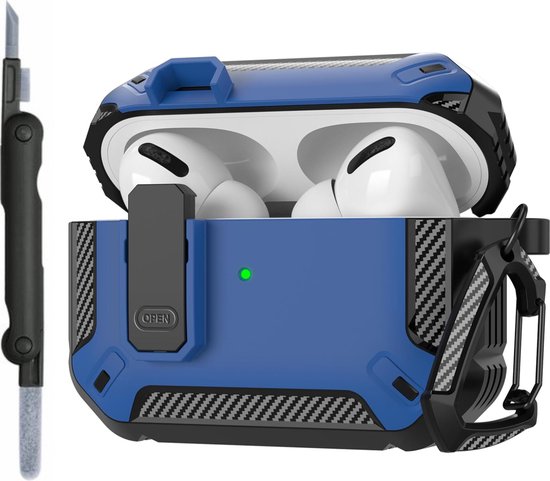 Sounix Hoesje geschikt voor Airpods Pro 1 / 2 - Met schoonmaak borstel - Airpods Pro Hoesje - Armor Case met Lock - Blauw