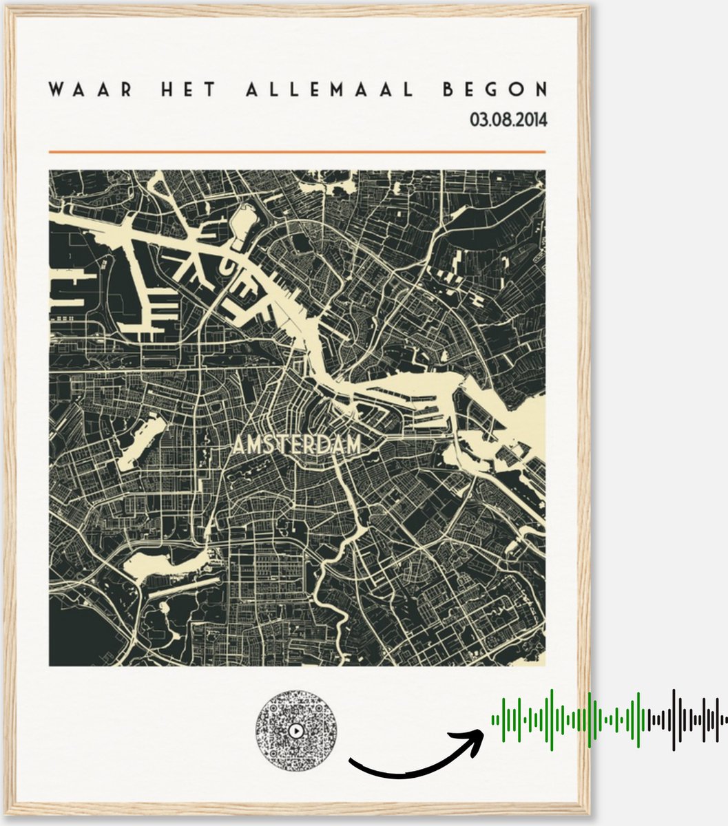 Gepersonaliseerde Stadskaart Poster – Plattegrond van Jouw Speciale Plek met Datum & Favoriete muziek | QR Code | 50 x 70 cm Premium Papier | Unieke Kunst & Blijvende Herinnering