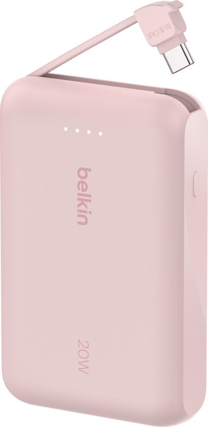 Belkin Powerbank 10.000mAh met Geïntegreerde USB-C Kabel – 20W Snelladen – Roze