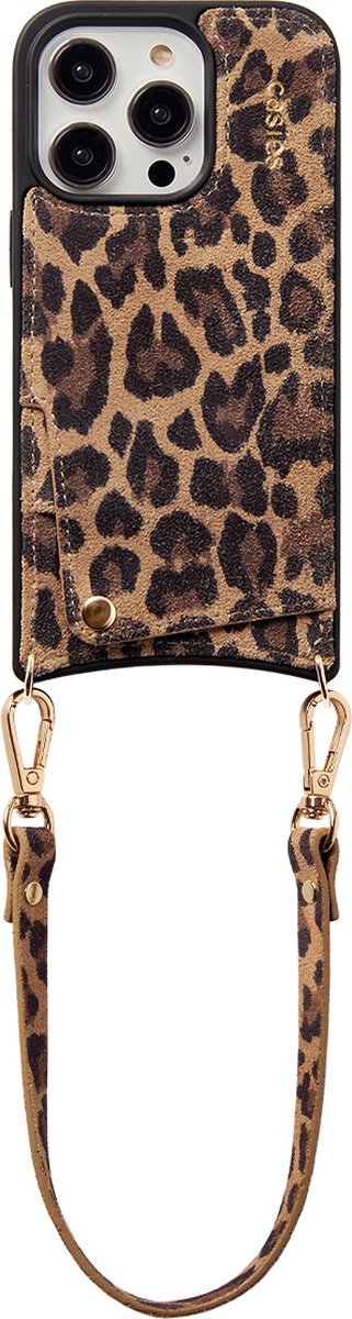 Casies leren panterprint hoesje geschikt voor Apple iPhone 16 Pro Max met kort panter koord en pasjeshouder - 100% echt leer - Leopard case