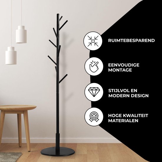 Zwarte staande kapstok, ruimtebesparend, eenvoudige montage, stijlvol en modern design, hoge kwaliteit.
