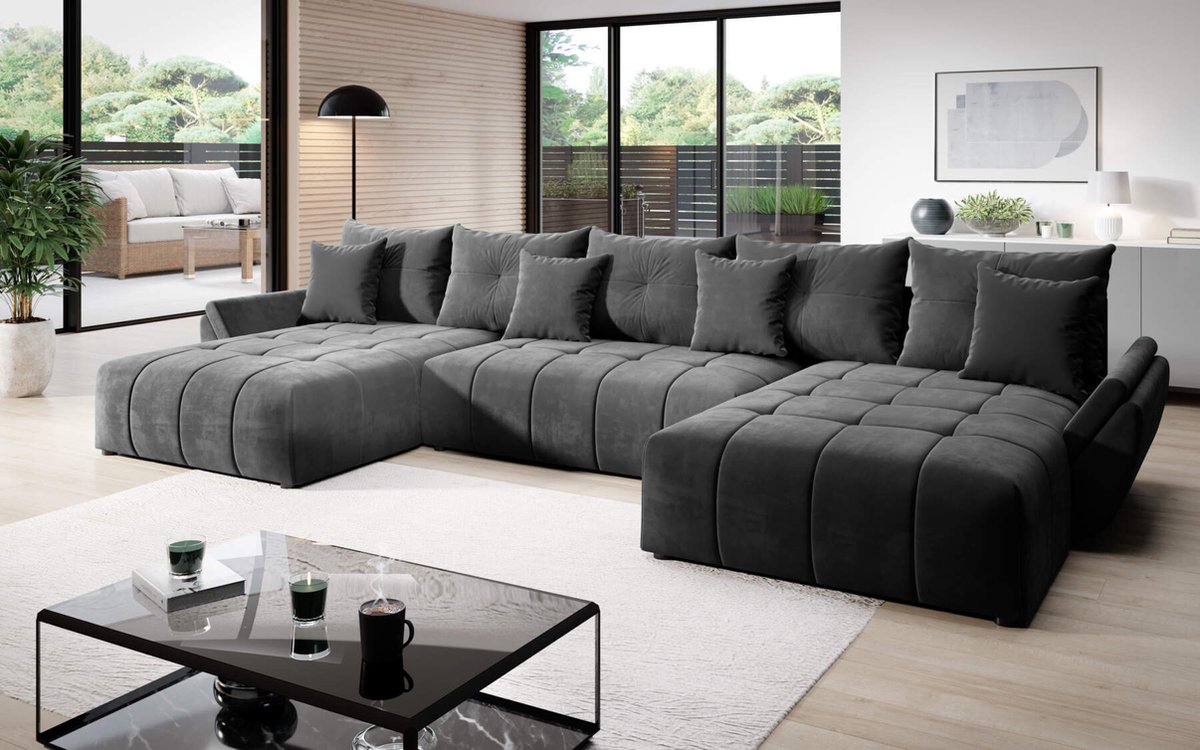hoekbank domo u- hoeksalon wooneiland velvet antraciet- xl met slaapfunctie en opbergruimte- universele lounge links of rechts