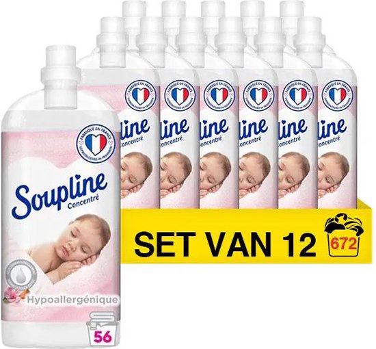 Ensemble de 12 bouteilles de Soupline concentré avec bébé endormi et fond rose. 'Set van 12' et '672' lessives indiqués.