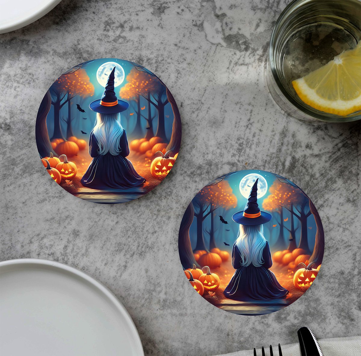 GR onderzetters voor glazen - Halloween Trick or Treat Witch - Vinyl - 6st