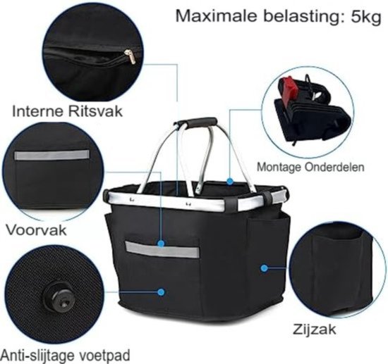 Goldmiky Fietsmand, opvouwbaar, waterdicht, afneembare stuurmand, frame van aluminiumlegering, hond, kat, huisdier, drager voor kleine hond, picknick, winkelen (zwart