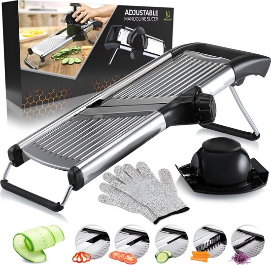HI NATURE™ Luxe Groentesnijder Mandoline RVS met Veiligheidshandschoen - Mandoline Snijder Roestvrij Staal - Multifunctionele groentesnijder verstelbaar - Uiensnijder | Mandolines keukensnijder - Snijmachine