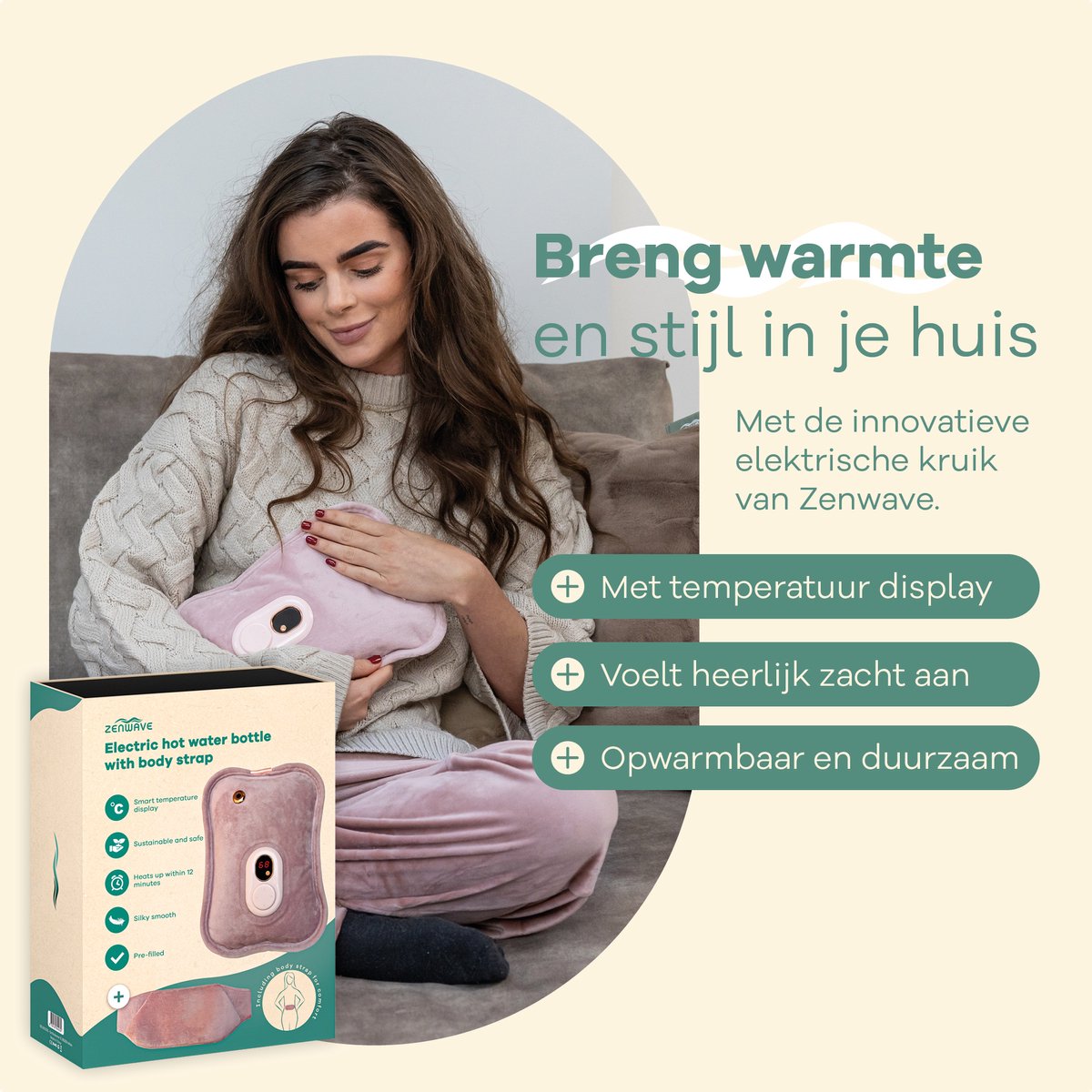 Zenwave Elektrische Kruik met Hoes - Digitaal Display - Warmtekruik & Waterkruik met Handwarmers - Oplaadbare Warmtekussen - Menstruatie Warmteband - Duurzaam & Draadloos - Kamperen & Outdoor - Warmwaterkruik Roze – foto 3