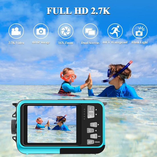 Appareil Photo Étanché Numérique Full HD 2.7K 48MP - Caméra Sous-Marine Double Écran Avec Zoom 16X