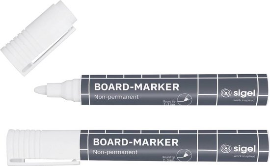 Twee witte Sigel boardmarkers met grijze opdruk en ronde punt (2-3 mm).