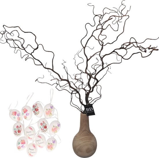 Branche de Pâques artificielle de noisetier Bellatio Design - avec œufs de Pâques Happy Pâques - 87 cm - Décoration de Pâques branches artificielles