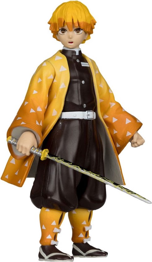Zenitsu Agatsuma met geel-oranje haori met witte driehoeken, donkerbruine kledij en zwaard.
