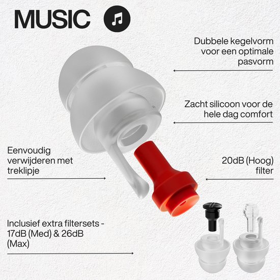 Gedetailleerde weergave van een EarPeace MUSIC oordopje met rode 20dB filter. Kenmerken: dubbele kegel, zacht siliconen, trekclip, en extra filtersets.