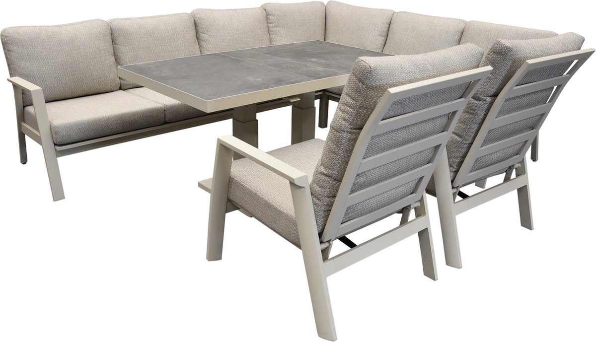 Barolo hoek dining loungeset 6 delig aluminium verstelbare tafel latte