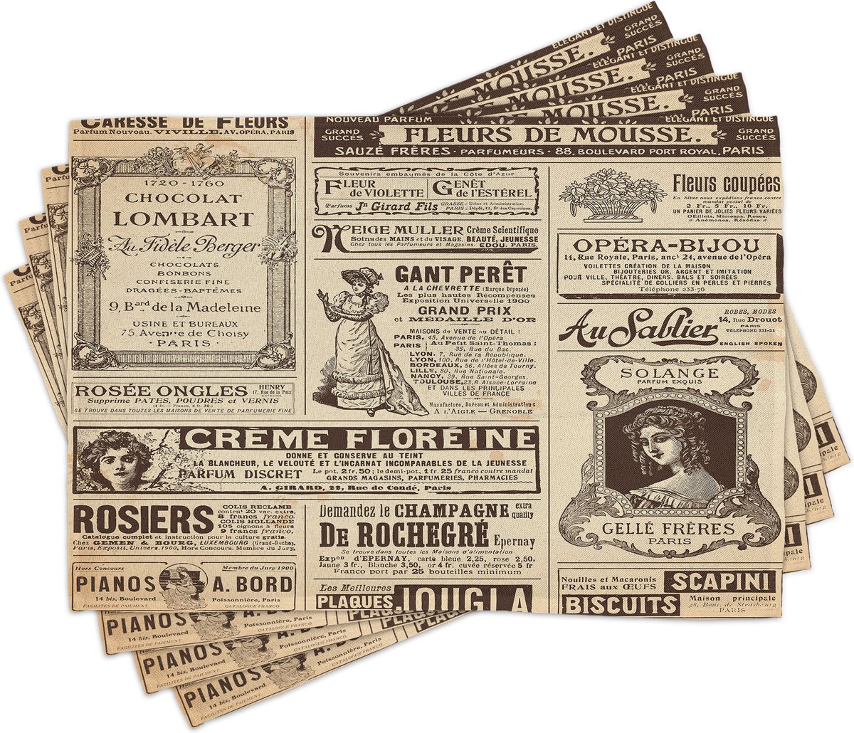 New Bed Vintage Historisch Frans dagboek Set van 4 Placemat voor Eettafel, Wasbare Stof met Antislip Achterkant