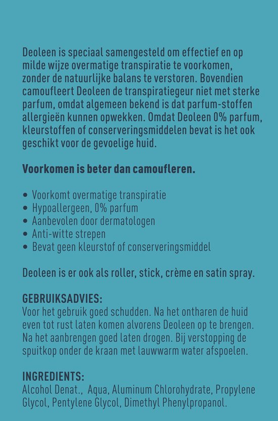 Deoleen Anti-transpirant - Pompspray Regular - Voorkomt overmatige transpiratie en transpiratiegeur - 48 uur effectief - 0% parfum - Dermatologisch getest - Deodorant - 75 ml