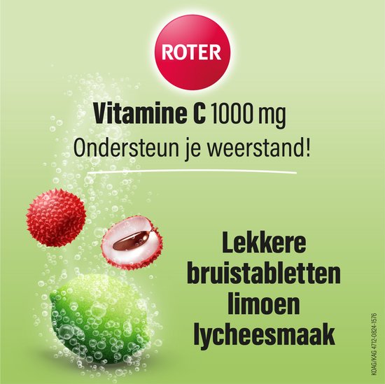 Roter Vitamine C 1000 mg bruis - Ondersteunt je natuurlijke weerstand - Suikervrij - Vegan - Met lekkere frisse limoen-lycheesmaak - 15 bruistabletten