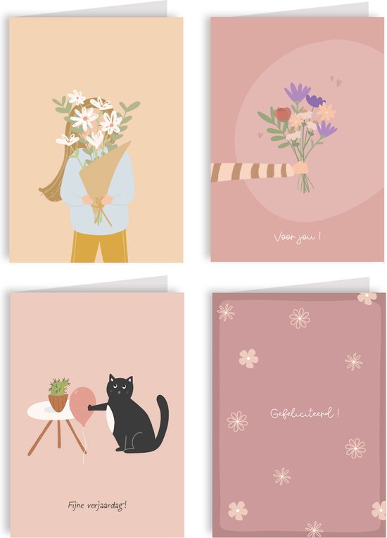 Set van vier wenskaarten: meisje met bloemen, hand met bloemen, kat met ballon, en bloemetjesprint met tekst Gefeliciteerd.