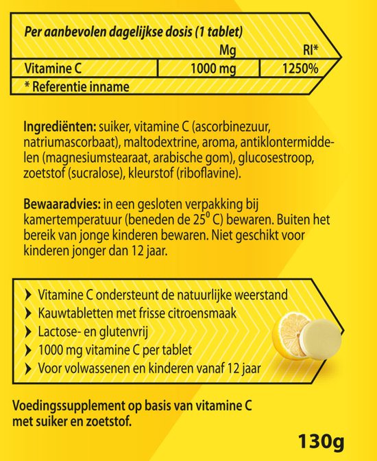 Roter Vitamine C 1000mg - Hoge dosering vitamine C ter ondersteuning van je weerstand - - 50 kauwtabletten met citroensmaak