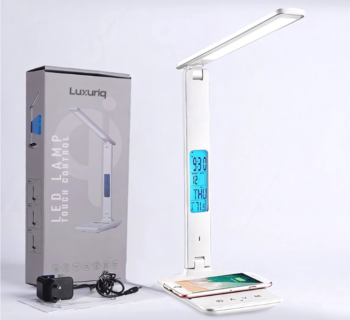 Luxuriq® Bureaulamp LED Met Oplader en Klok – Multifunctionele Tafellamp – Nachtlampje – Leeslamp – LED Lamp Met Wireless Charger – Qi Draadloze Oplader – Wit