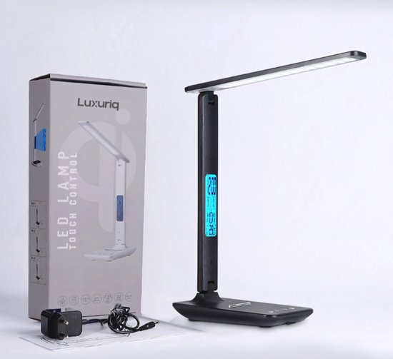 Lampe de bureau LED Luxuriq® avec chargeur et Klok – Lampe de table multifonctionnelle – Veilleuse – Lampe de lecture – Lampe LED avec chargeur sans fil – Chargeur sans fil Qi – Zwart