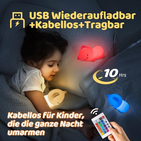 Nachtlampje kinderen - 16 kleuren afstandsbediening en USB-oplaadbaar - dimbaar nachtlampje - babybedlampje meisjes - kattendecoratie. — afbeelding 4