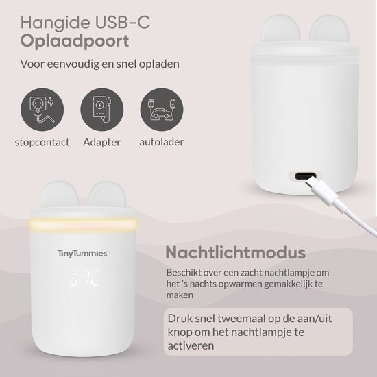 TinyTummies® Flessenwarmer Pro 2026 – Flessenwarmer Onderweg - Draagbare Flessenwarmer - Flesverwarmer - Snel en Veilig Opwarmen – Flessenwarmers – 4 Temperatuurniveaus - Flessenwarmer Draadloos – USB Oplaadbaar – Incl. 5 Adapters - 13.200 mAh - Wit — afbeelding 4