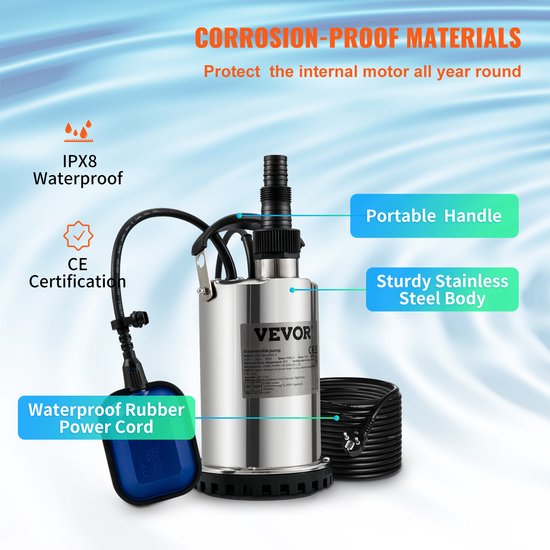 VEVOR Dompelpomp 500W-Automatisch Vuilwaterpomp IPX8-Ontwateringspomp met 10 m Lange Voedingskabel-voor het Verpompen van Water uit Zwembaden, Kelders, Vijvers van Vevor — afbeelding 4