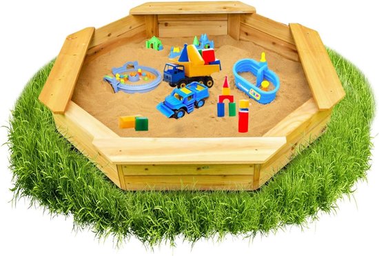 Sally Zeshoekige Zandbak Hout Bruin met Zwart Grondzeil 125 x 125 x 20 cm Zandbak 4 Zitplanken