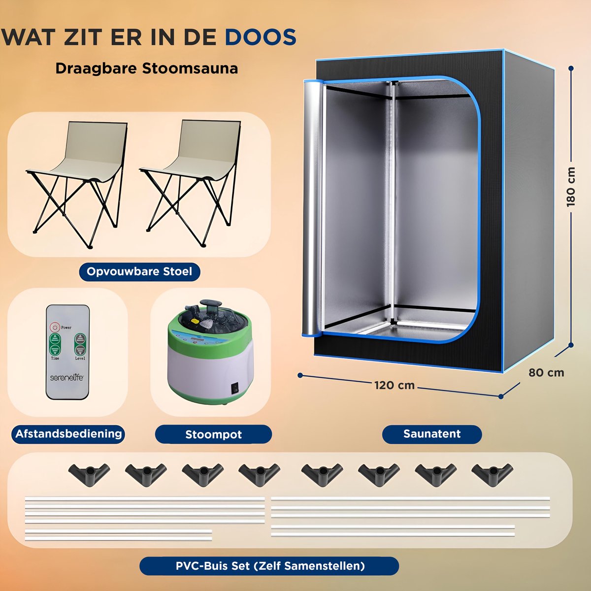 SereneLife, Sauna ,Draagbare sauna voor Thuis, 2-Persoons Stoomsauna Tent met 4L Stomer- 2 Opvouwbare Sauna Stoelen- Afstandsbediening -180 x 120 cm - Zwart thumbnail 5