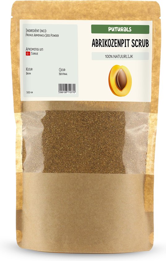 Puturals Abrikozenpit Scrub in bruine kleur. Inhoud 500 gr. Gemaakt van Prunus Armeniaca seed powder.