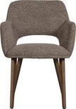 Eetkamerstoel met taupe stof, ronde rugleuning en houten poten.