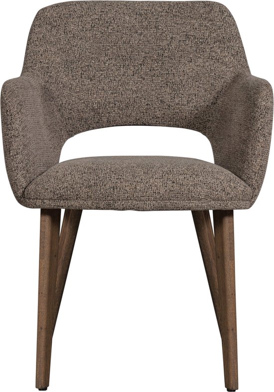 Eetkamerstoel met taupe stof, ronde rugleuning en houten poten.